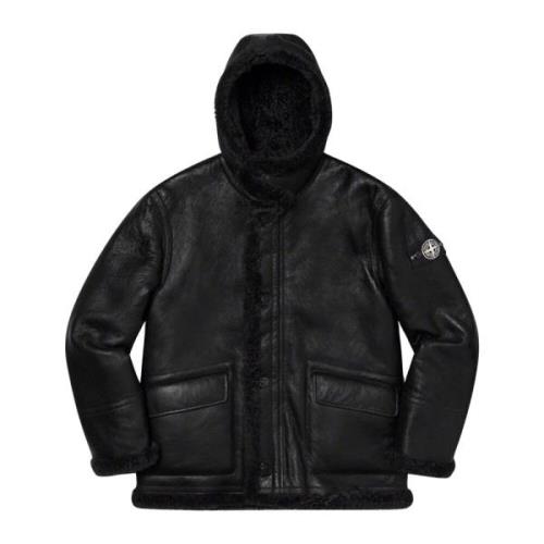 Stone Island Handmålad huva fårskinnjacka svart Black, Herr