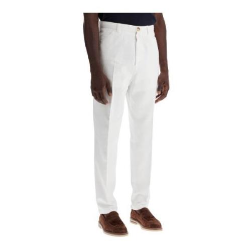 Brunello Cucinelli Smal Skuren Gabardinbyxor med Veck White, Herr