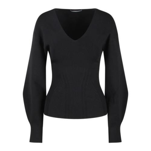 Alberta Ferretti Räfflad V-ringad Stickad Topp Black, Dam