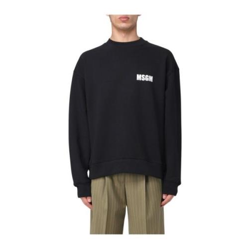 Msgm Bomull Crewneck Logo Print Sweater Black, Herr