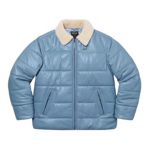 Supreme Shearling Krage Läder Puffy Jacka Blue, Herr