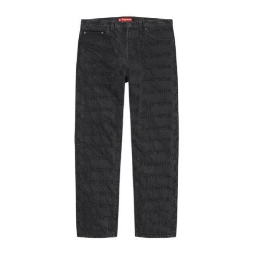 Supreme Svarta Frayed Logo Regular Jeans Black, Herr