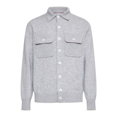 Brunello Cucinelli Kashmir Stickad Skjorta med Krage Gray, Herr