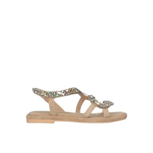 Alma EN Pena Rhinestone Snake Flat Sandal Beige, Dam