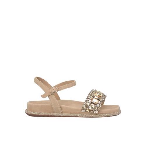 Alma EN Pena Pärlad platt sandal med strass Beige, Dam