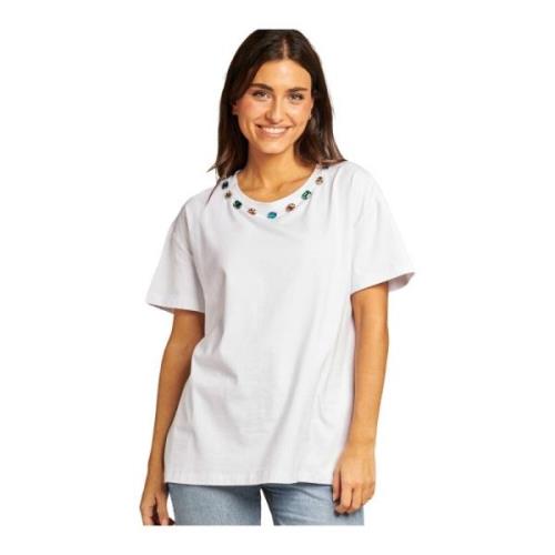 Alma EN Pena Rhinestone Neck T-shirt White, Dam