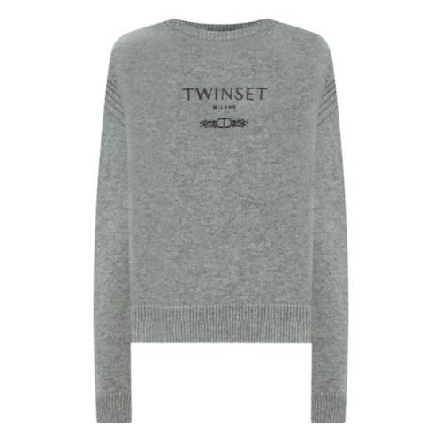 Twinset Grå Ull Cashmere Logo Tröja Gray, Dam