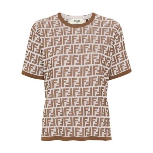 Fendi Signatur FF-Mönster Stickad Crew Neck T-shirt Beige, Dam