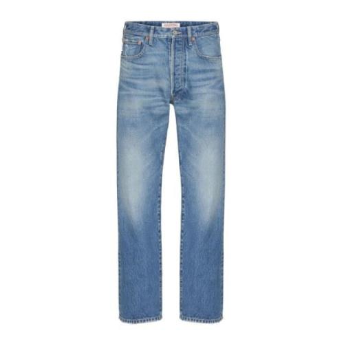 Valentino Garavani Blå Denim Straight Jeans Logotypplatta Blue, Herr