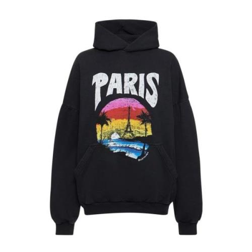 Balenciaga Svart Sweatshirt Paris Print Bomull Huva Black, Dam