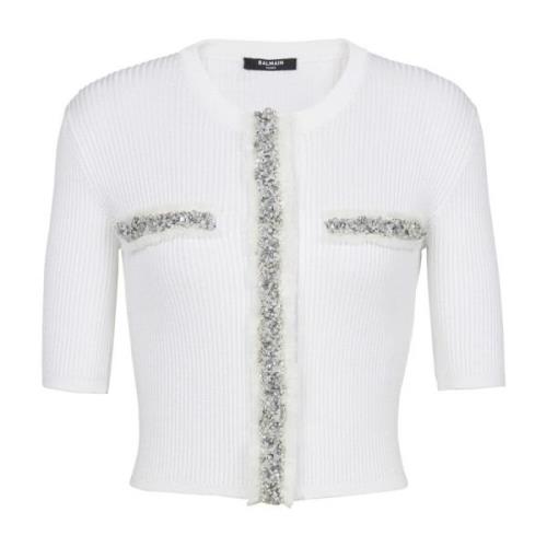 Balmain Broderad avklippt stickad kofta White, Dam