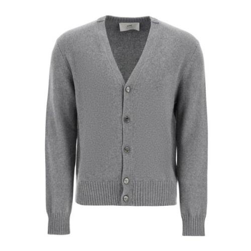 Ami Paris Lyxig Cashmere Cardigan med Broderad Logotyp Gray, Herr