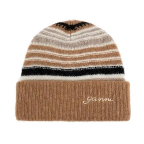 Ganni Brun Randig Ull Beanie Mössa Brown, Dam