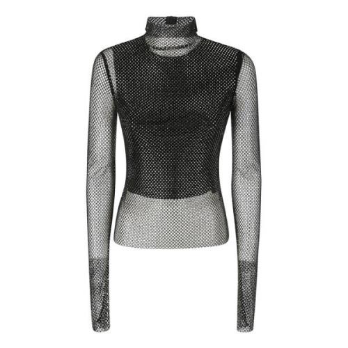 Sportmax Glitter Mesh Top med Hög Krage Black, Dam