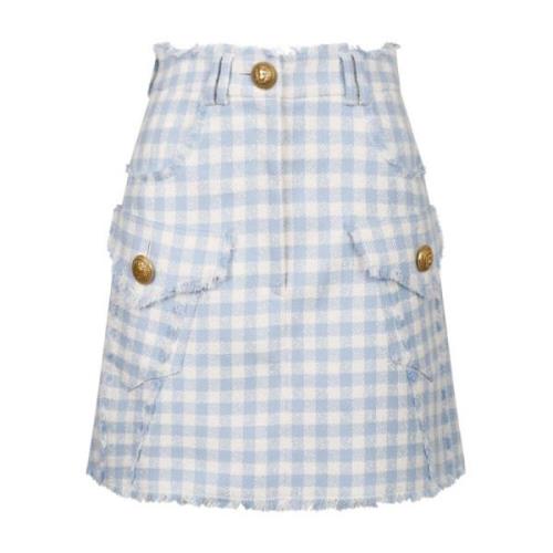 Balmain Blå Gingham Tweed A-Linje Kjol Blue, Dam