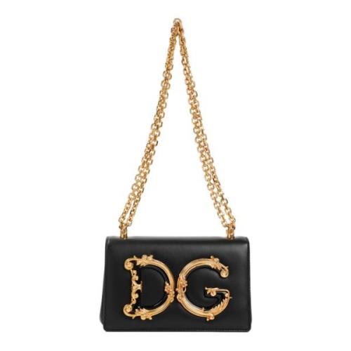 Dolce & Gabbana Svart Axelväska med Guldlogotyp Black, Dam