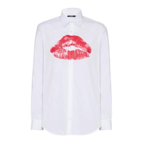 Balmain Poplin skjorta med Kiss tryck White, Herr