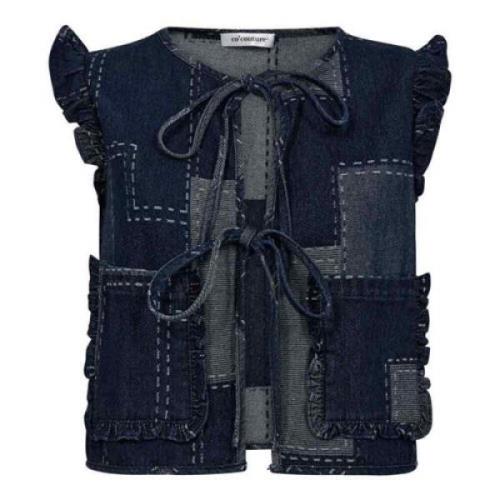 Co'Couture Patchwork Denim Vest med Volanger Blue, Dam