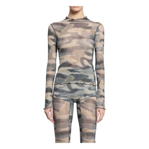 Knwls Mörk Camo Mesh Ruffled Båthals Topp Multicolor, Dam