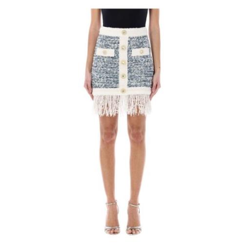 Balmain Fringed denim tweed kjol White, Dam