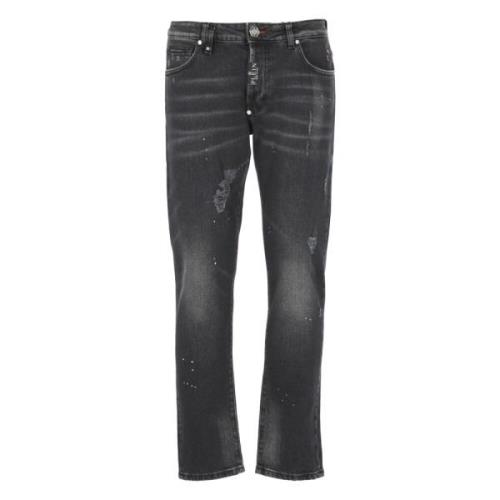 Philipp Plein Svarta Bomullsjeans med Hexagon Patch Black, Herr