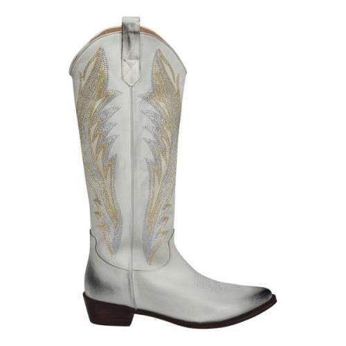  Blue Vintage Läder Cowboy Boots med Broderi White, Dam