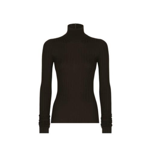 Dolce & Gabbana Mörkbrun Ribbad Kasmir Turtlenecktröja Brown, Dam