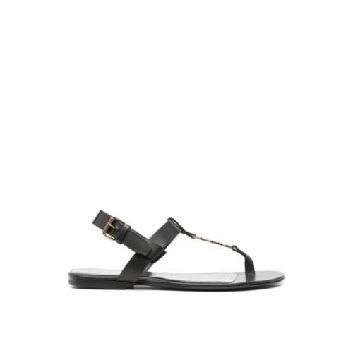 Saint Laurent Svarta Logo Plaque Läder Sandaler Black, Herr