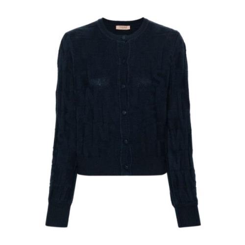 Twinset Monogram Jacquard Sweater med Guld-Tone Broche Blue, Dam