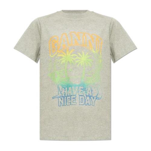 Ganni Tryckt T-shirt Gray, Dam