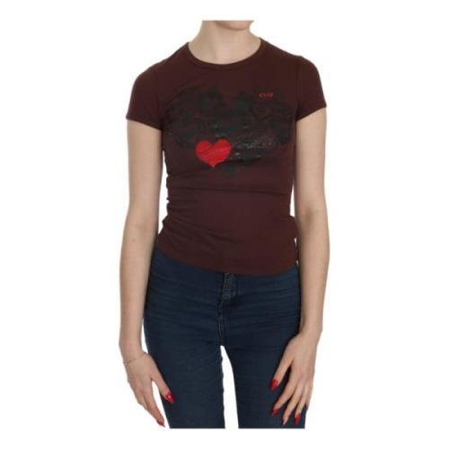 Exte Brun Hearts Print Crew Neck Blus Brown, Dam