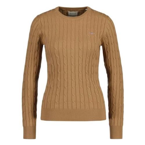 Gant Stretch Cotton Cable Knit Crew Neck Sweater Brown, Dam