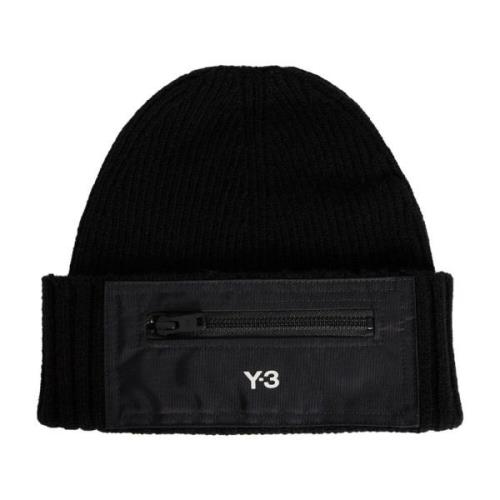 Y-3 Svart Ribbstickad Mössa med Dragkedjeficka Black, Herr