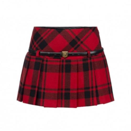 Elisabetta Franchi Röd Tartan Kort Kjol Svart Bälte Multicolor, Dam