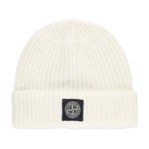 Stone Island Kontrasterande Logo Patch Beanie Mössa White, Herr