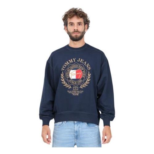 Tommy Jeans Blå Crewneck Tröja med Logotyp Broderi Blue, Herr