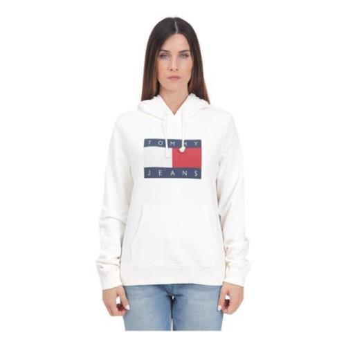 Tommy Jeans Vit Damhoodie med Flag Print White, Dam