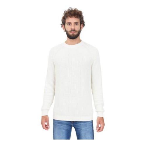 Calvin Klein Jeans Vit Ribbstickad Crewneck Sweater White, Herr