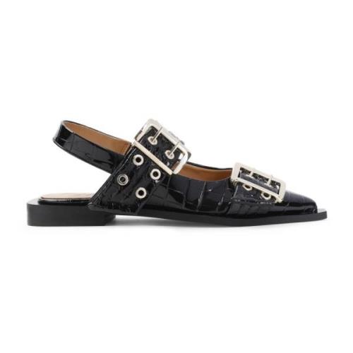 Ganni Svart Spänne Ballerina Croco Skor Black, Dam