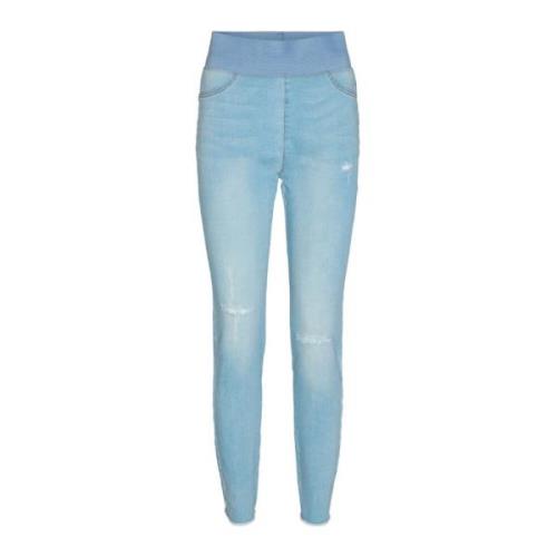 Freequent Slitna jeans med elastisk midja och fransig nederkant Blue, ...