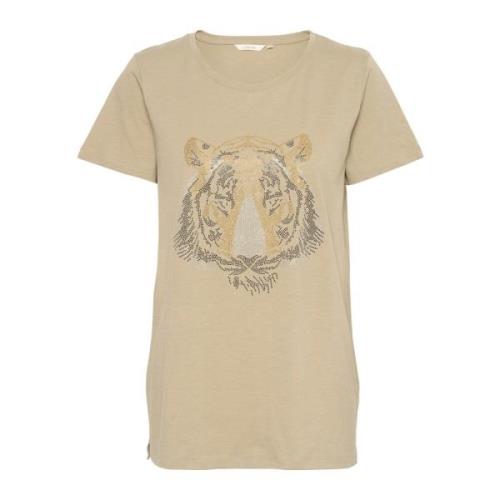 Cream Stilig T-shirt med frontmotiv Beige, Dam