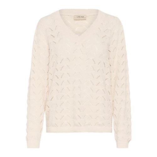 Cream Stickad Pullover Tröja Eggnog Mönster Beige, Dam