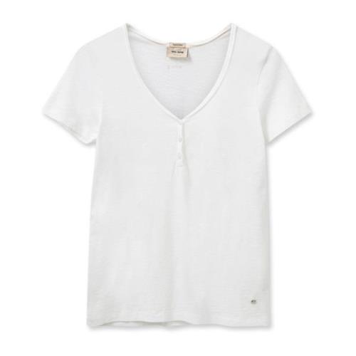 MOS Mosh Basic Tee Top med V-ringning och knappar White, Dam