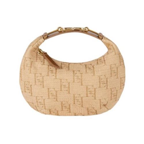 Elisabetta Franchi Rafia Hobo Väska med Metallspänne Beige, Dam