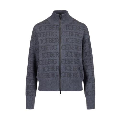 Iceberg Logo Jacquard Wool Blend Jacket Gray, Dam