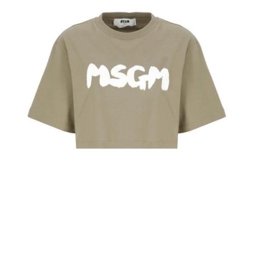 Msgm Grön Bomullst-shirt med Logotyp Green, Dam