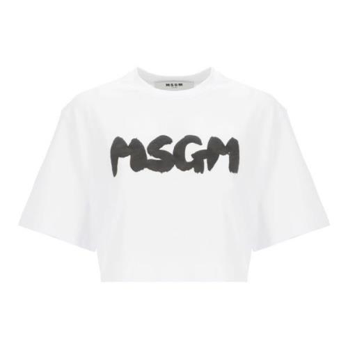 Msgm Vit Bomull T-shirt Rund Hals Logo White, Dam