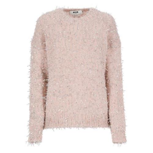 Msgm Rosa Lurex Crew Neck Sweater Pink, Dam