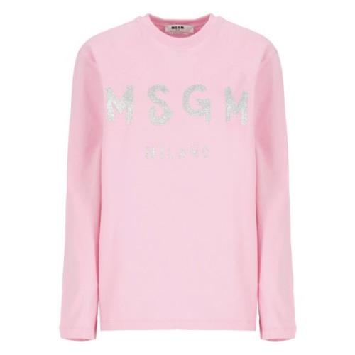 Msgm Rosa Glitter Logo Crew Neck T-shirt Pink, Dam