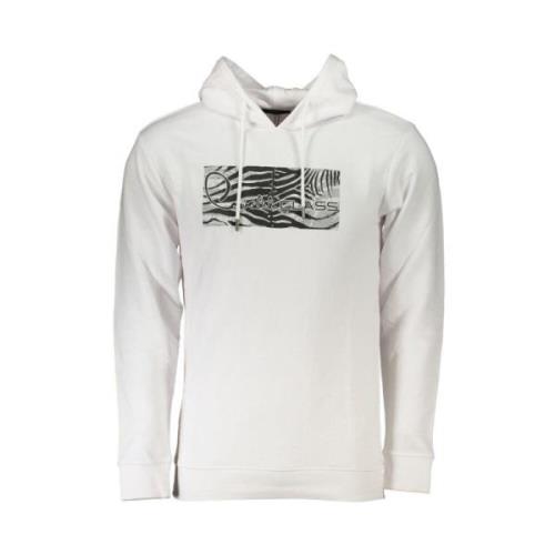 Cavalli Class Vit Borstad Logotyp Hoodie Sweatshirt White, Herr